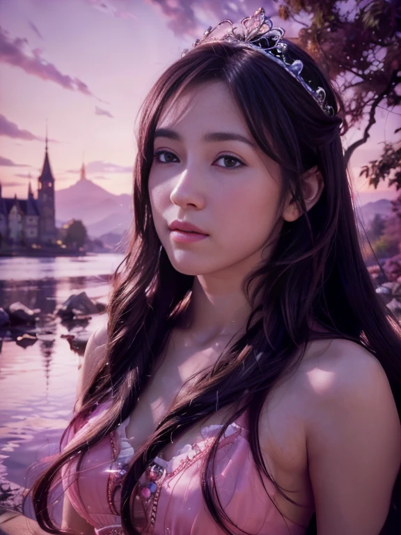 (highres, ultra-detailed, realistic:1.37), aerith, final fantasy, beautiful body, beautiful detailed eyes, detail-oriented nose, luscious lips, long flowing hair, radiant smile, elegant crown, royal attire, intricate jewelry, graceful pose, enchanting expression, majestic castle in the background, vibrant colors, soft lighting, regal atmosphere, atmospheric perspective, stunning landscape, floating clouds, magical aura, timeless beauty, intricate patterns, ethereal ambiance, striking contrast, dreamlike quality, cinematic composition
