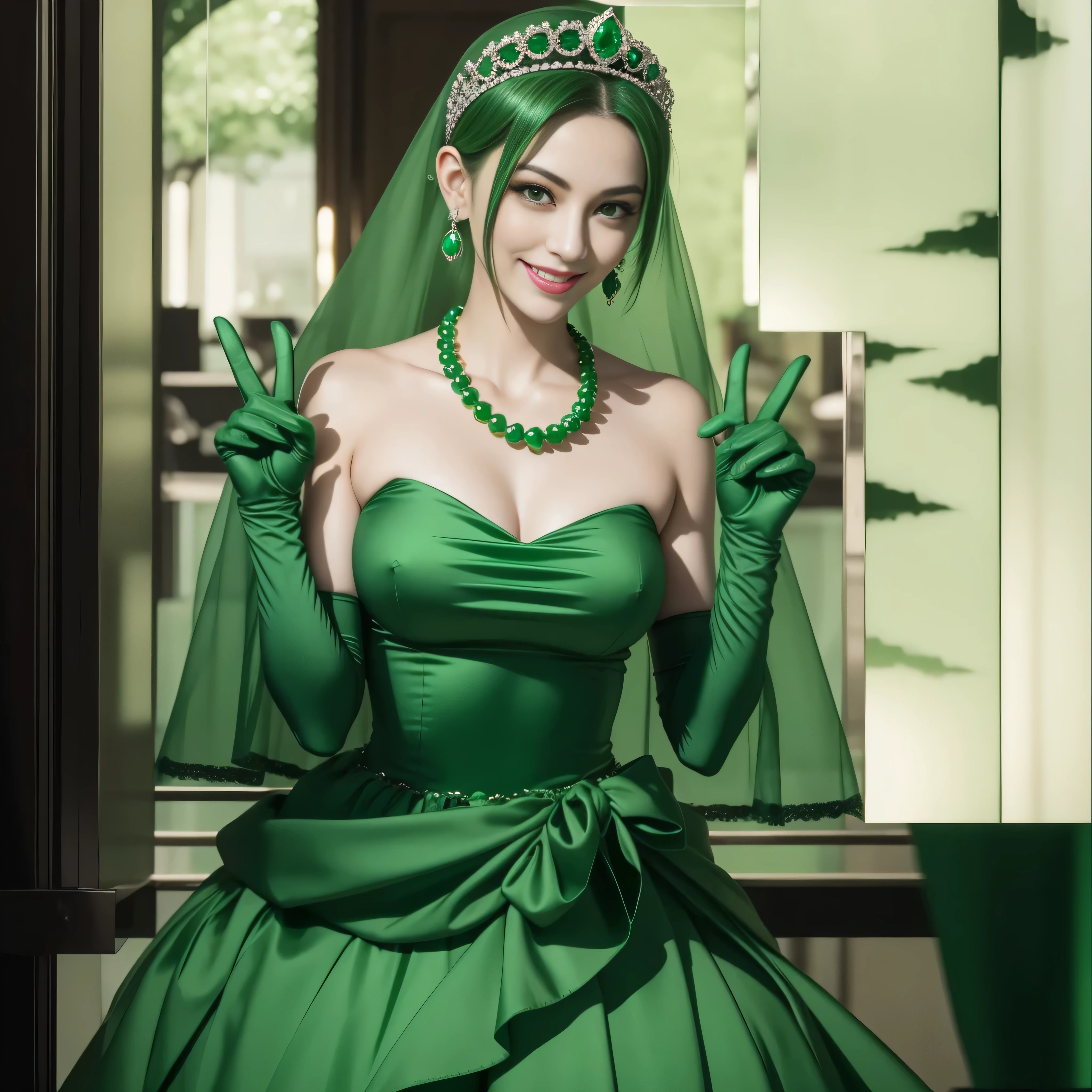 emerald tiara, Green Pearl Necklace, Boyish very short green hair, lipsticks, Japan woman smiling, very short short hair, big breasts beautiful, Green eyes, Long green gloves made of satin material, Green eyes, Emerald Earrings, green vale, v sign