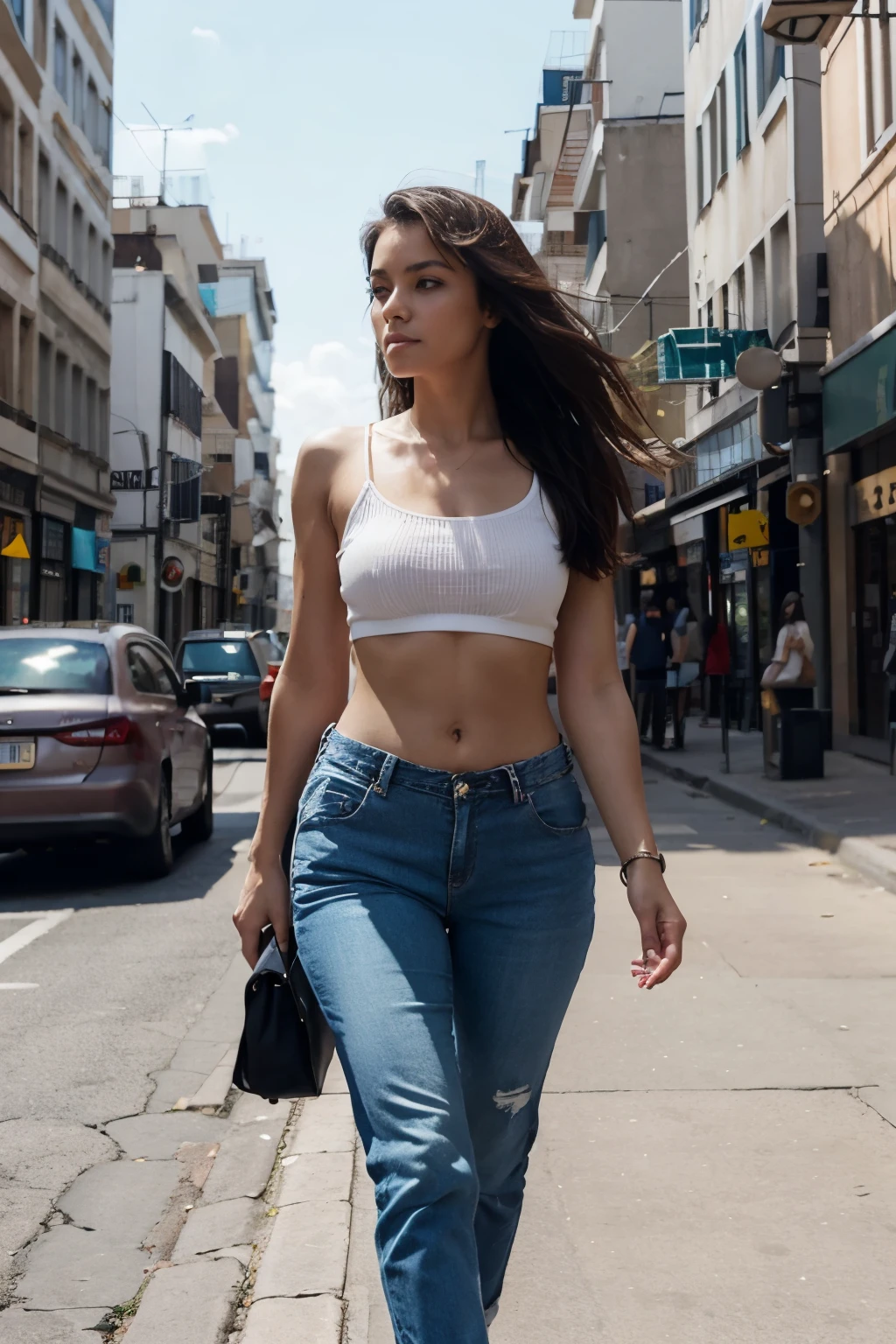 Mujer caminando por una ciudad con cuerpo bien definido con pantalones y mostrando el abdomen