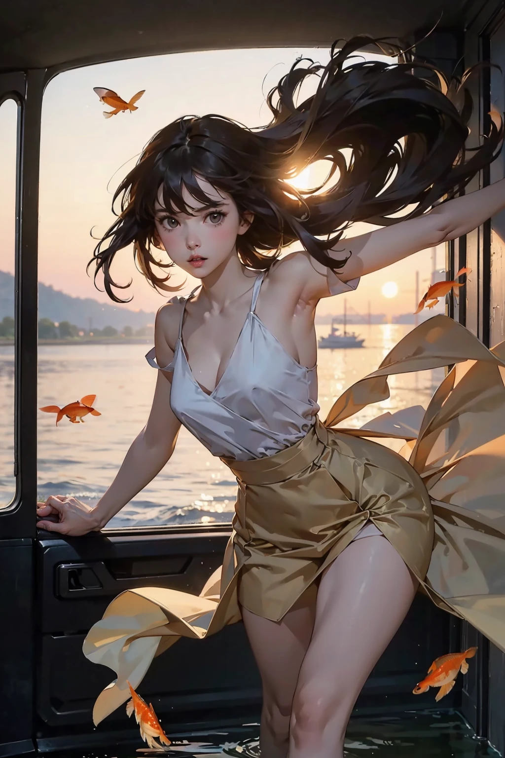 This image focuses on a girl inside a car, which is filled with goldfish and flowers, creating an impression of goldfish seemingly flying through the sky as part of a simulation film. This scene captures the energy and pressure of youth, along with the concept of body extension. The girl is in a natural pose, dressed in a 'dadcore' style suitable for a vacation. The scene, shot using high photographic techniques and resembling a dream, is a riot of colors, featuring interior scenes covered with water and goldfish. The photography was done using XT4 film. The image is highly detailed and vivid, produced with a 3:4 aspect ratio, image width of 2, and version 5.2.