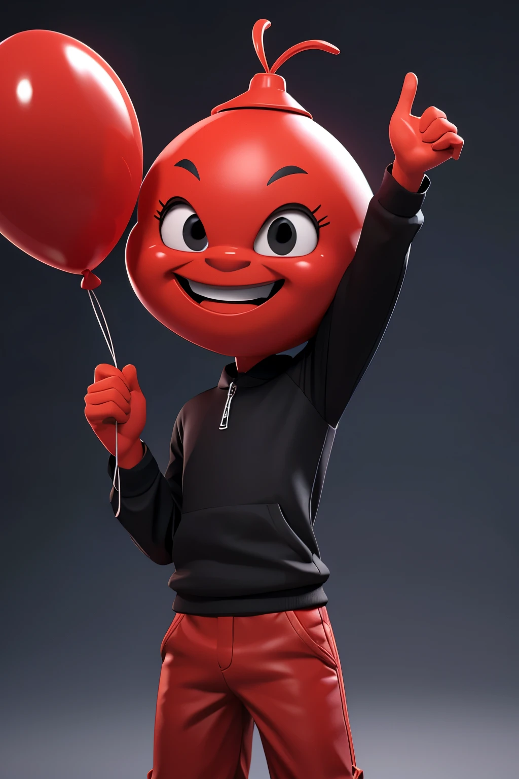 3D character that has a red balloon head, a bladder for a head, usando terno preto com olhos abertos e sorridente