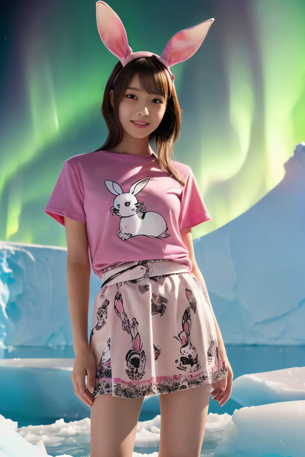 ((masutepiece:1.4, Best Quality)), (photos realistic:1.4), ((1girl in)), ((10yaers old)), (Ultra High Resolution:1.2), Extremely delicate and beautiful, amazing, the Extremely Detailed CG Unity 8K Wallpapers, Ultra-detailed, High resolution, Soft light, Beautiful detailed girl, extremely detailed eye and face, beautiful detailed nose, Beautiful detailed eyes, (Wearing a bright pink T-shirt、Print a Sanrio-style rabbit illustration:1.5), (Pink skirt:1.3), ((thighs thighs thighs thighs)), Lustrous black hair, Cinematic lighting, Perfect Anatomy, Slender body, (Standing in front of an iceberg in Antarctica at night:1.3), (Aurora Borealis in the Night Sky:1.3), Cute poses, Cowboy Shot, laugh very loud