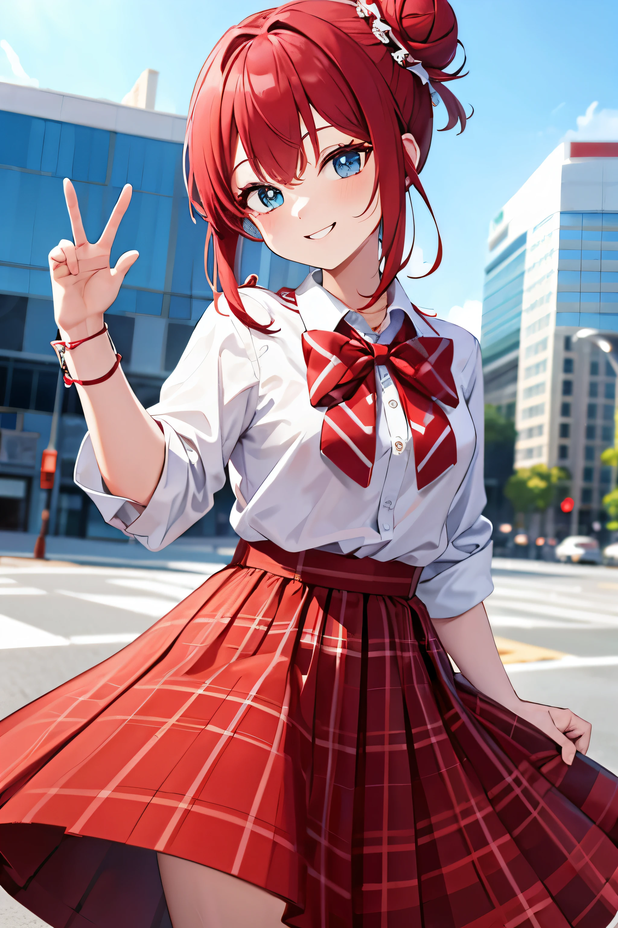 1idol, crimson hair, bun, turquoise eyes, wearing crimson checkered skirt, plaine white button up shirt with crimson bow , smiling , absurdres, high res, ultrasharp, 8K, masterpiece