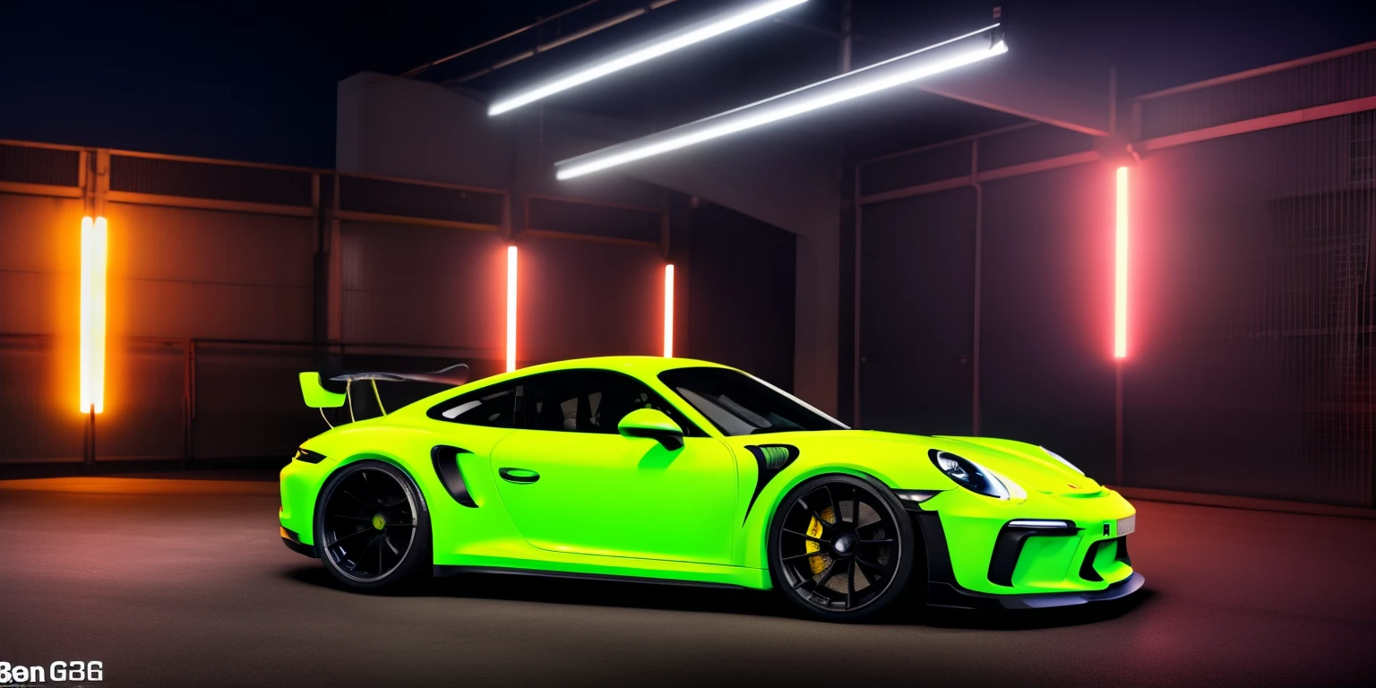 porsche gt3rs professional nightime photoshoot in an industrial area with neon lightning, ambient lightning