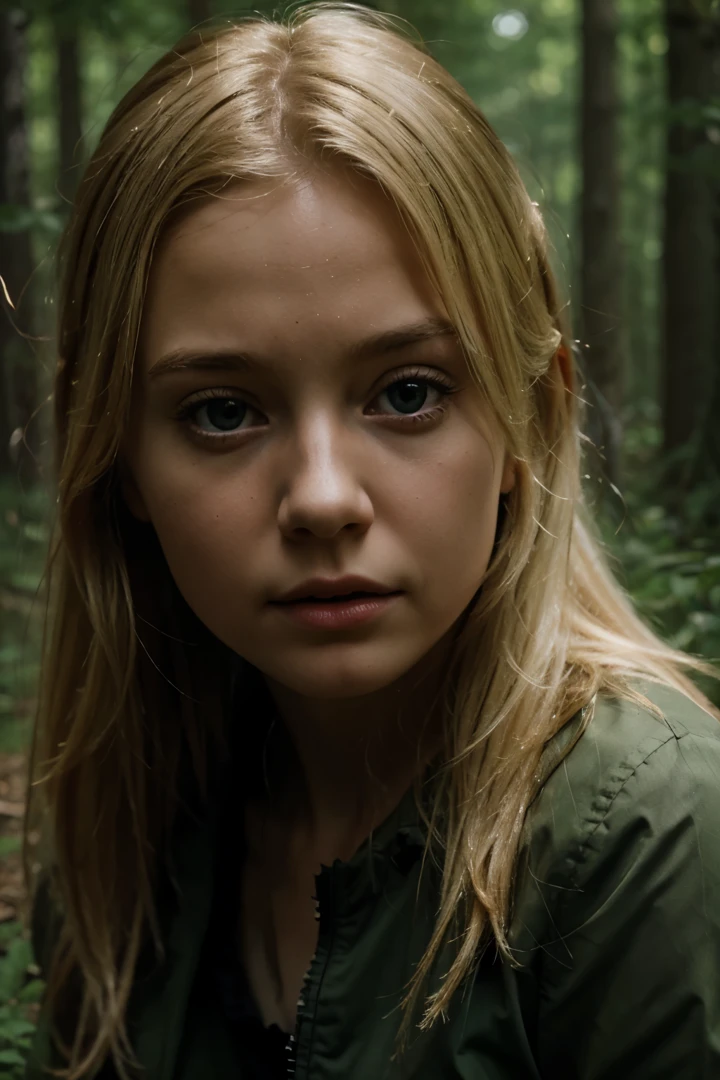 blonde girl , scared on a forest, photorealistic, 4k