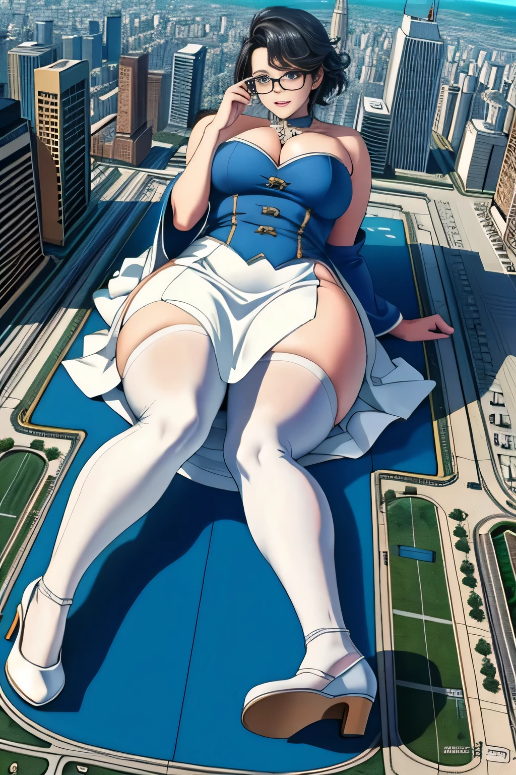 der riese art, 非常に詳細なder rieseショット, der riese, Shorthair, Giant woman bigger than a skyscraper, Wearing rimless glasses, Colossal tits, Big ass, White luxury dress, White pantyhose, white shoes with high heels and stilettos, very small metropolis, Trying to destroy a miniature metropolis, Full body depiction, nffsw, giga der riese, der riese, Stomping City,crash city,Small town,micro city,