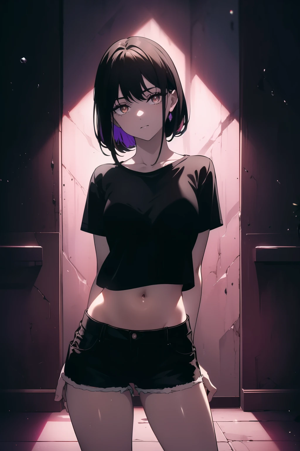 ((((Obra maestra, La mejor calidad, ultrahigh resolution)))), a clear view of a happy looking girl standing in a club waiting for someone)), (black t-shirt, jean shorts, black hair, long dark black hair), pale skin, ((brown eyes)), (glowing_eyes), ((ultra detailed eyes:0.7, beautiful and detailed face, detailed eyes:0.9)), ((centered)), ((over joyed expression)), ((wide shot)), facing viewer, (((indoor, purple and black lights, black dancing silhouettes:0.9))), medium breasts, looking at viewer, ((perfect hands)), (((head:1, arms, mid section, hands, elbows, thighs, in view))), lively eyes, beautiful lighting, background, ((defined subject)), 25 years old, (head tilt), (((cool))), ((lively)), (((reserved pose))), (((hands behind back)))