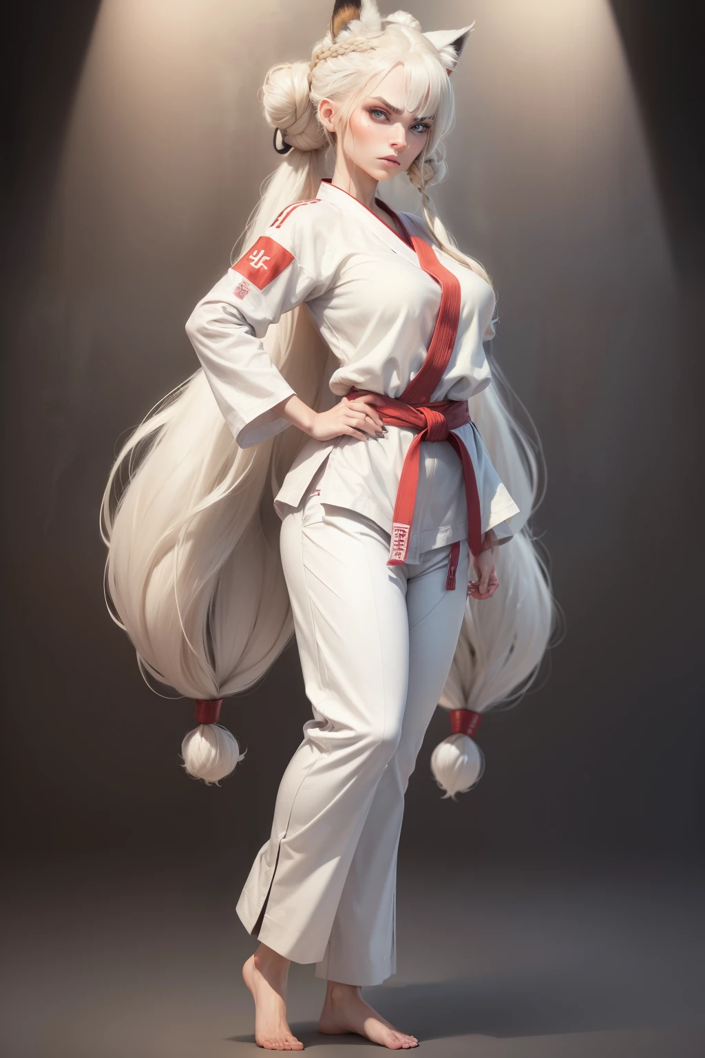 (best quality, 4k, 8k, highres, masterpiece:1.2), ultra-detailed, detailed face, detailed lips and eyes, expressive face, realistic, BREAK BLARKY beautiful caucasian woman with very long straight white hair, (yellow eyeair skin, expressive face, attractive appearance, animal ear fluff, animal ears, bangs, extra ears, fox ears, fox girl, fox tail, hair between eyes, large breasts, BREAK (long hair, half updo:1.5), (beautiful woman), BREAK (from diagonally above:0.8), simple blank background, BREAK (white theme:1.3), (karate uniform:1.4), (karate trousers:1.5), BREAK (black theme:1.1), (knot on waist:1.2), BREAK (annoyed:1.2), (full body:1.7), (standing), looking away from viewer, turning back to viewer, (folded arms | hands on waist)