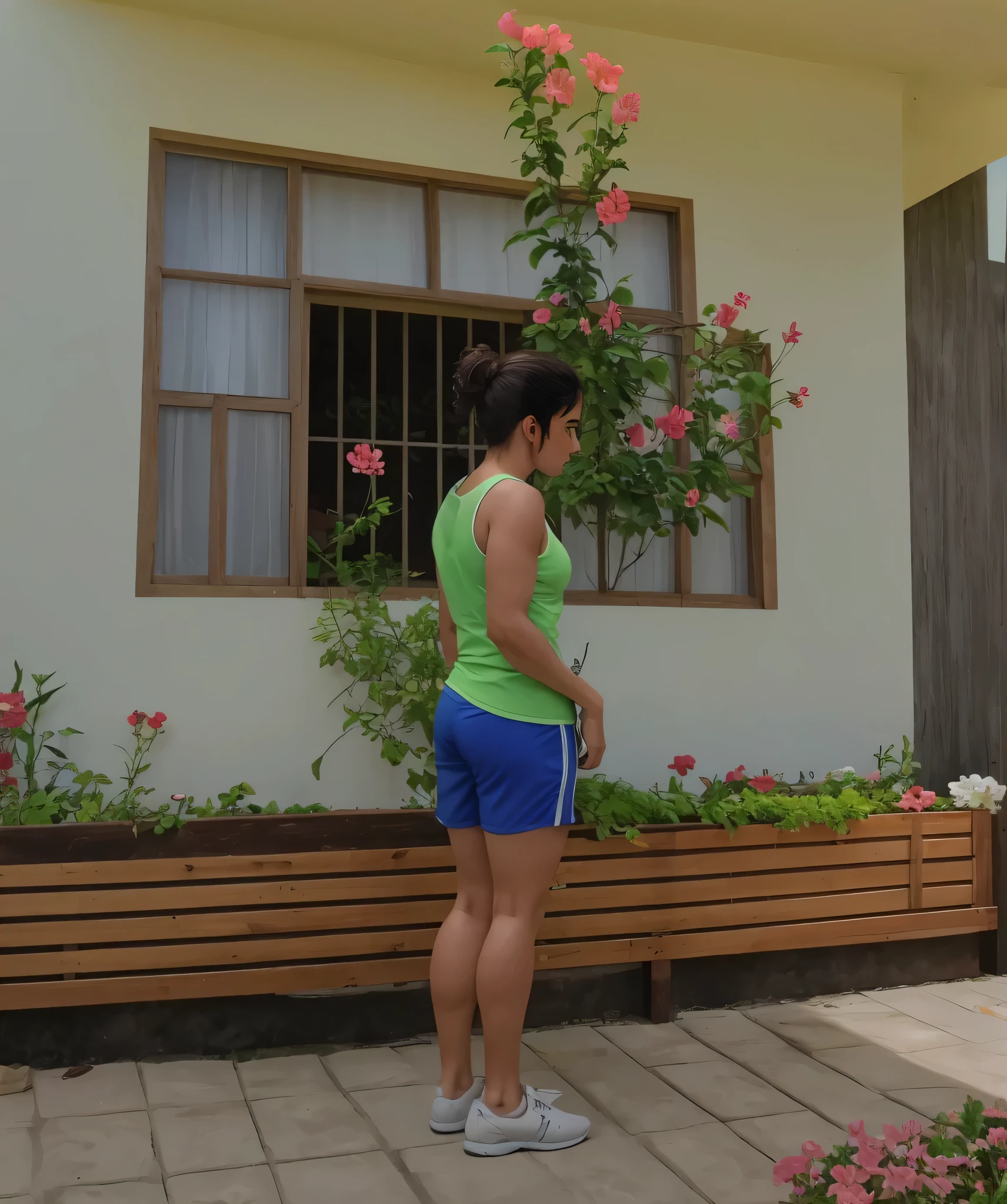 there is a woman standing outside a house with a flower bush, do lado de fora de uma casa, Tiro lateral, pose lateral, Bermudas, tiro nas costas, Backview, tiro traseiro, Costas - Pneu, Tiroteio costeiro, tiro de corpo inteiro distante, back pose, tiro traseiro, agachado ao lado de uma piscina, Cottagecore!! corpo fitness