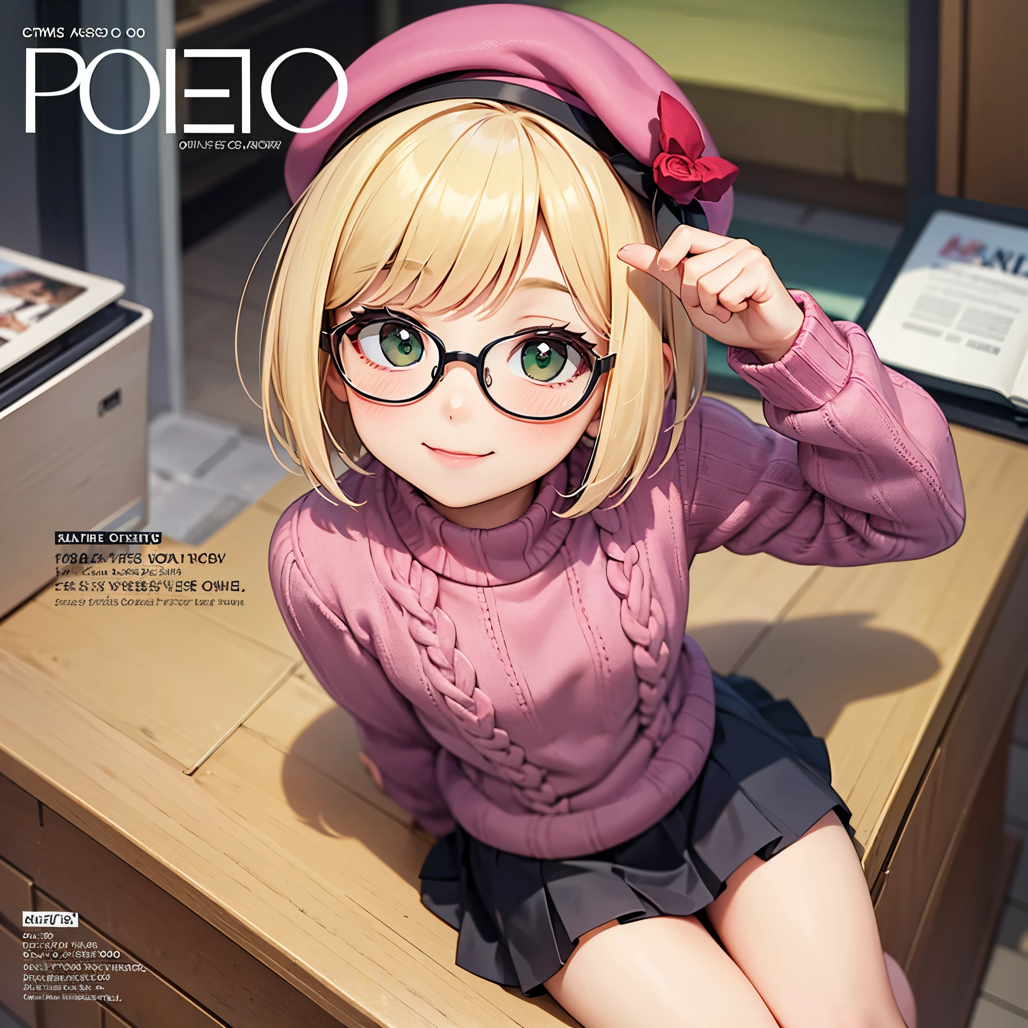 1boy, only one boy, one boy only, wearing a pink beret, wearing a gray knit sweater and multi-green pleated skirt, medium shot, smile, blonde hair, classic bob hairstyle, looking at the viewer, wearing glasses, petite, feminine face, magazine cover, text bold and eye catching, inspired by metropolitan magazine covers