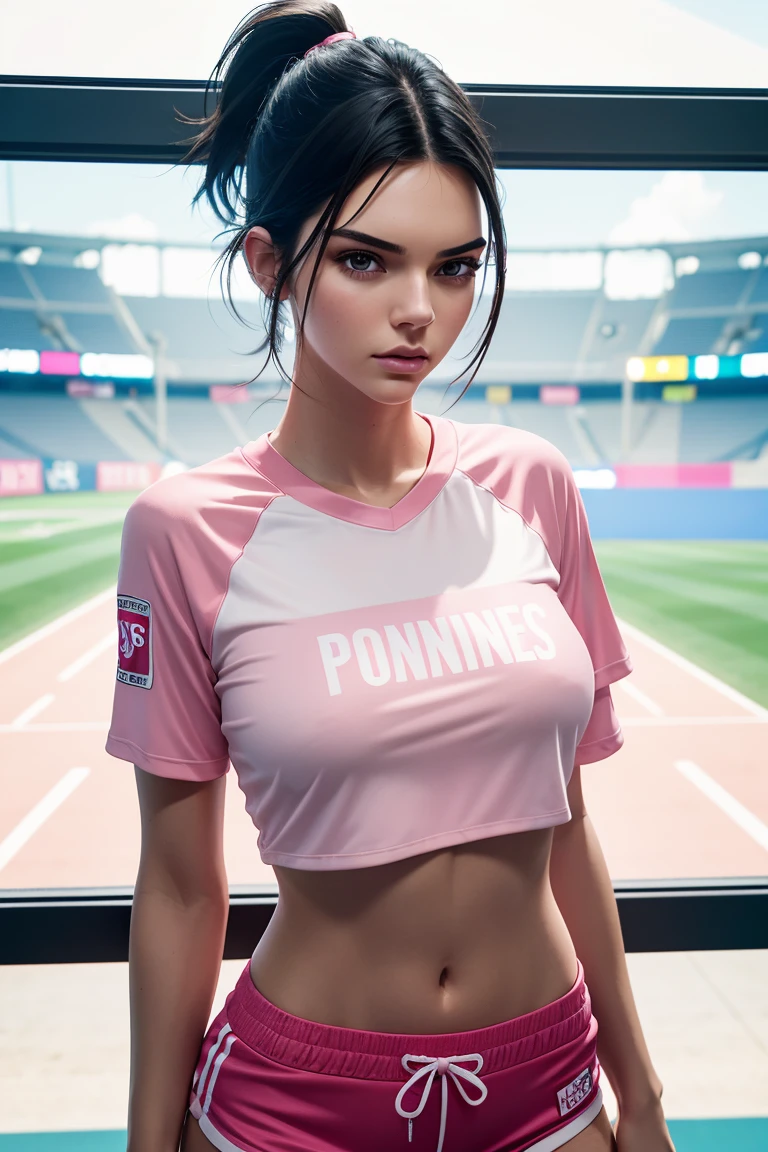 Kendall Jenner, wearing pink sports mini t-shirt, pink mini shorts, no text just numbers, wearing sports jersey, big breast, professionally retouched, soft lighting, realistic, smooth face, perfect eyes, sharp focus on eyes, 8 k, high definition, insanely detailed, intricate, elegant. in a sports field