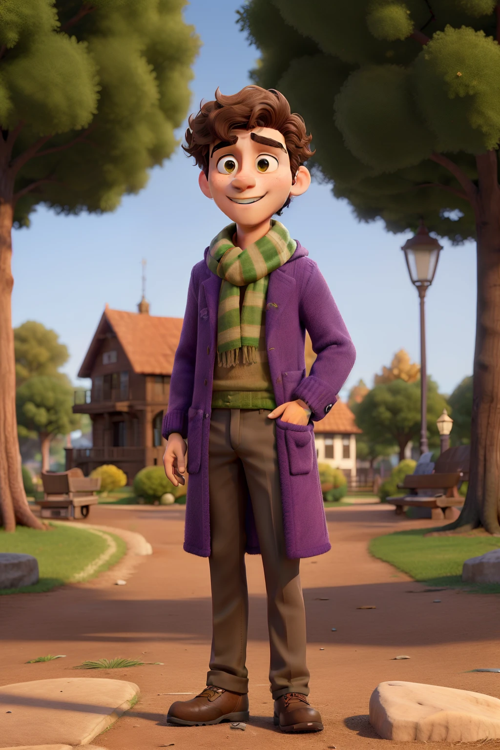 Obra-prima, de melhor qualidade, a 26 year old boy with brown eyes and medium wavy hair and a scarf, wearing a purple coat and green scarf, Standing in the park