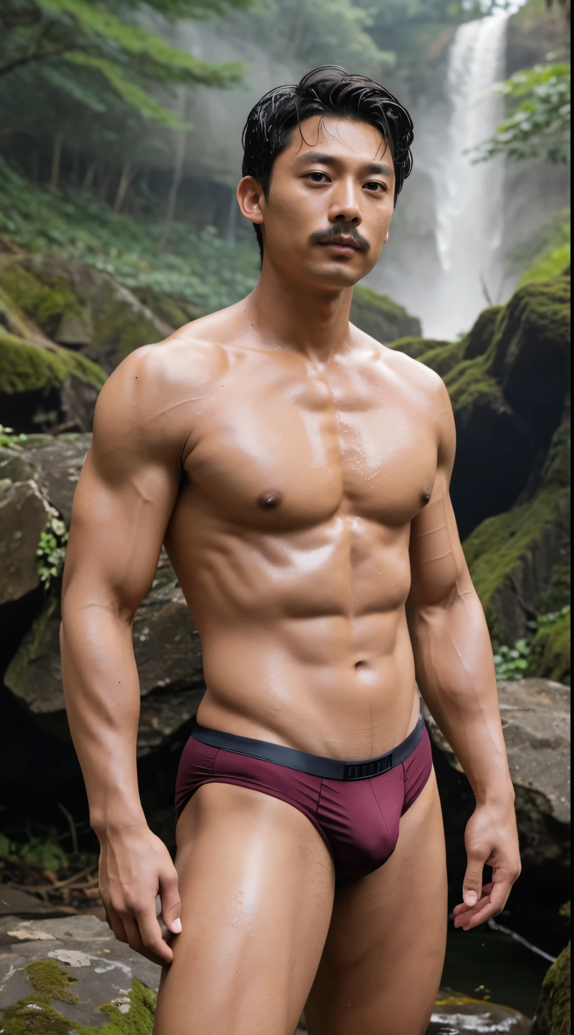 Korean man, 50 years old, brown eyes, black eyebrows, mustache, gray hair, hair parted in the middle, masculine lips, high nose, good figure, chubby body, bear body, a little fat, big muscles, has muscles above....Good muscles, arm muscles, leg muscles, big and strong body. Big chest muscles, pink nipples, a little bit of hair, wearing red CK underwear with a big center......The bulge is second to none, extremely naked, chest hair, stomach hair, large bulge in underwear, realistic, high resolution. Standing at a forest waterfall Arms and legs resolution, white skin, shiny skin, wet skin, facial resolution, Gong Yoo, handsome man, short hair, Gong Yoo portrait, high resolution 50k, camera photo, eyes looking at the camera, man, Gong Yoo..... Handsome, big muscles, six pack, handsome...... 50 years old, just like Gong Yoo.