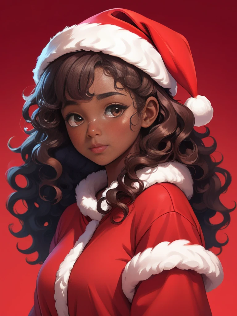 a dark-skinned character girl with curly hair and a santa hat, 1girl, red background, hidden face