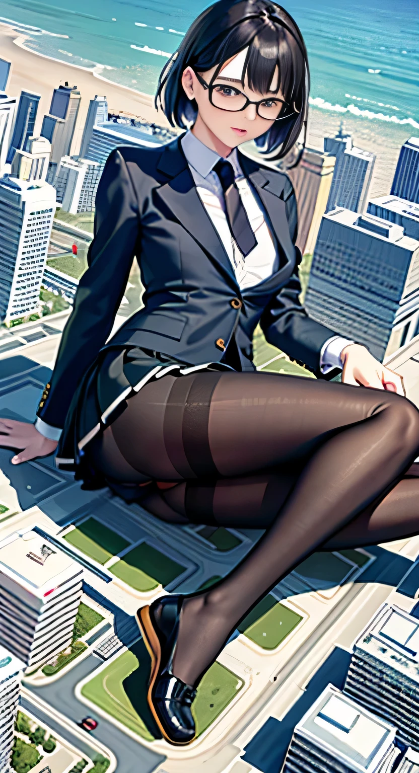giantess art, a hyperrealistic schoolgirl, 非常に詳細なder rieseショット, der riese, Shorthair, Black pantyhose, a huge high school girl、'It's much bigger than a skyscraper, Wearing rimless glasses, Colossal tits, Navy blue blazer, Red tie, Mini Length Skirt, Black pantyhose, I'm not wearing shoes., very small metropolis, miniature metropolis, 足元までの高さしかないminiature metropolisで、squatting and urinating, The city is a sea of urine, tsunami of urine, Small trains and cars are washed away with urine., Full body depiction, nffsw, Giga Giants, Black pantyhose, Pantyhose legs, Pantyhose feet, ,Stomping City,crash city,Small town,micro city, Peeing,
