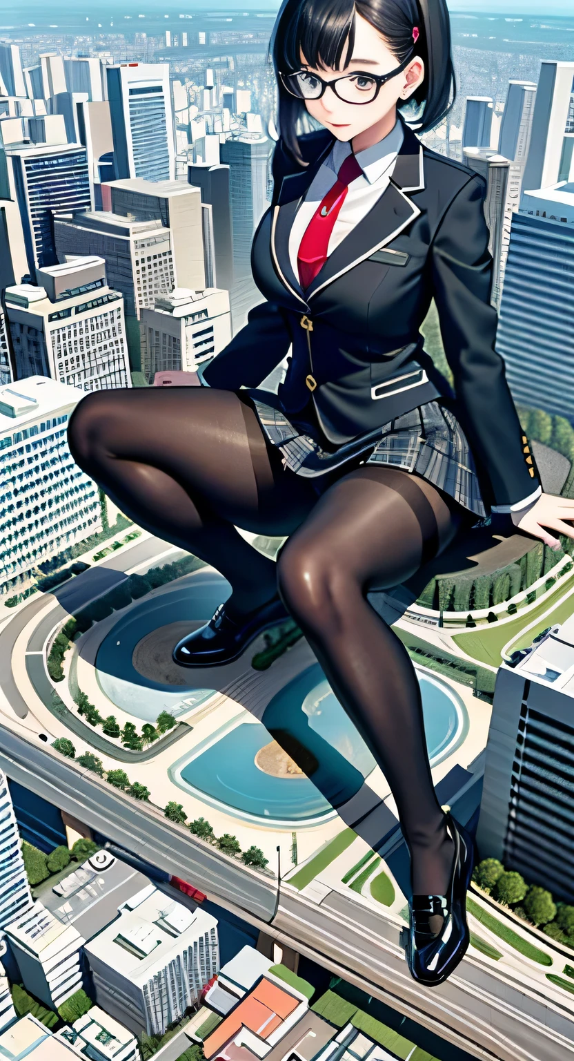 giantess art, a hyperrealistic schoolgirl, 非常に詳細なder rieseショット, der riese, Shorthair, Black pantyhose, a huge high school girl、&#39;It&#39;s much bigger than a skyscraper, Wearing rimless glasses, Colossal tits, Navy blue blazer, Red tie, Mini Length Skirt, Black pantyhose, I'm not wearing shoes., very small metropolis, miniature metropolis, 足元までの高さしかないminiature metropolisで、squatting and urinating, The city is a sea of urine, tsunami of urine, Small trains and cars are washed away with urine., Full body depiction, nffsw, Giga Giants, Black pantyhose, Pantyhose legs, Pantyhose feet, ,Stomping City,crash city,Small town,micro city, Peeing,