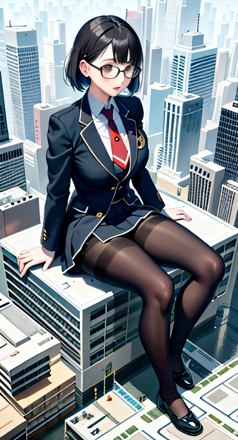 giantess art, a hyperrealistic schoolgirl, 非常に詳細なder rieseショット, der riese, Shorthair, Black pantyhose, a huge high school girl、&#39;It&#39;s much bigger than a skyscraper, Wearing rimless glasses, Colossal tits, Navy blue blazer, Red tie, Mini Length Skirt, Black pantyhose, I'm not wearing shoes., very small metropolis, miniature metropolis, 足元までの高さしかないminiature metropolisで、squatting and urinating, The city is a sea of urine, tsunami of urine, Small trains and cars are washed away with urine., Full body depiction, nffsw, Giga Giants, Black pantyhose, Pantyhose legs, Pantyhose feet, ,Stomping City,crash city,Small town,micro city, Peeing,