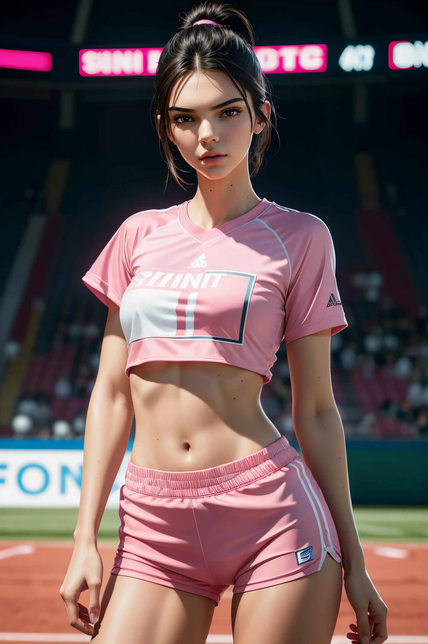 Kendall Jenner, wearing pink sports mini t-shirt, pink mini shorts, no text just numbers, wearing sports jersey, big breast, professionally retouched, soft lighting, realistic, smooth face, perfect eyes, sharp focus on eyes, 8 k, high definition, insanely detailed, intricate, elegant. in a sports field