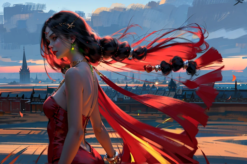 oilpainting style, red dress,super long hair, head chain,
rim light, back light, sunset, pastel color,
1girl, solo, long hair, looking at viewer, black hair, jewelry, green eyes, upper body, earrings, sky, necklace, arm up, from side, strapless, blue background, wind,