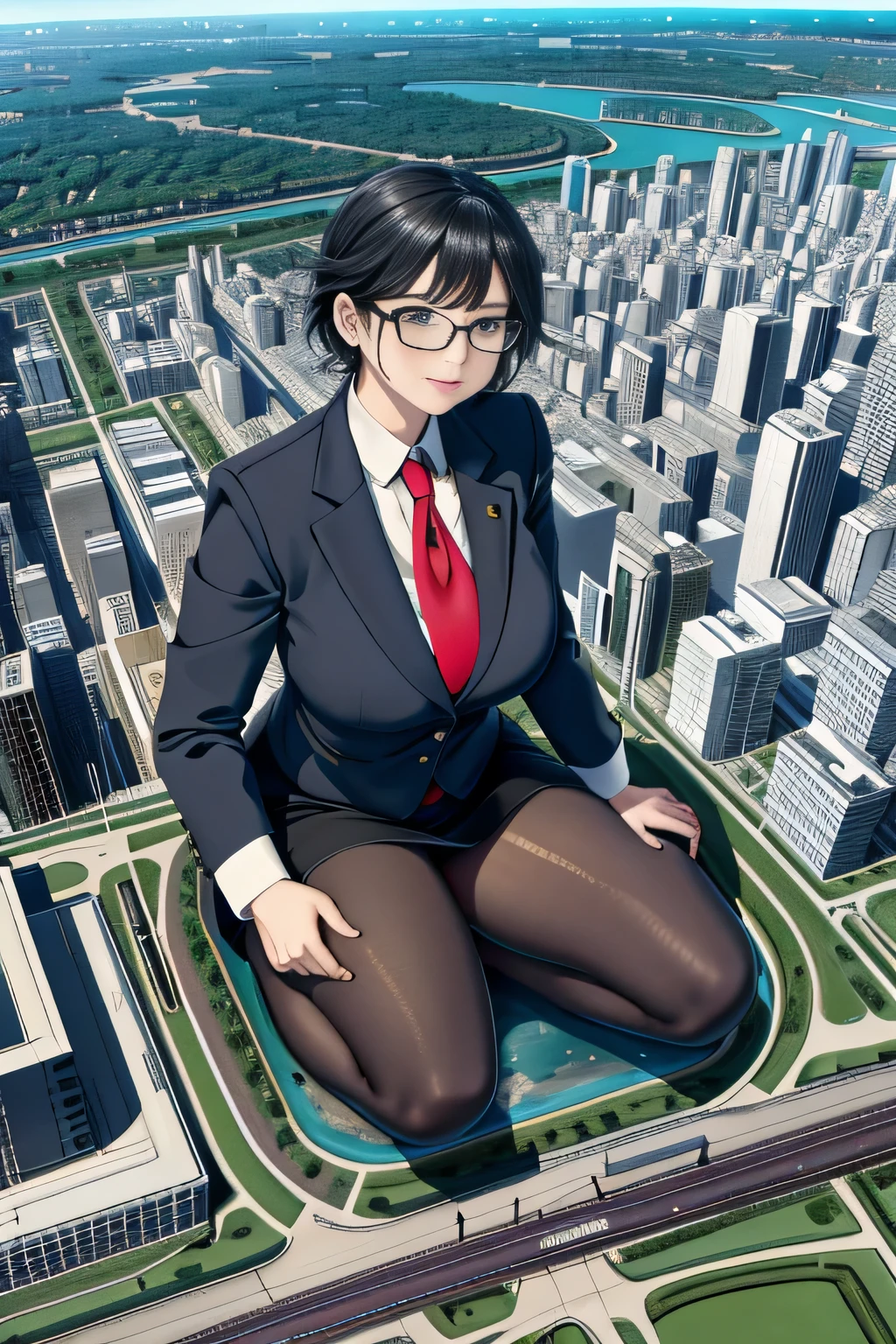 giantess art, a hyperrealistic schoolgirl, 非常に詳細なder rieseショット, der riese, Shorthair, Black pantyhose, a huge high school girl、&#39;It&#39;s much bigger than a skyscraper, Wearing rimless glasses, Colossal tits, Navy blue blazer, Red tie, Mini Length Skirt, Black pantyhose, I'm not wearing shoes., very small metropolis, miniature metropolis, 足元までの高さしかないminiature metropolisで、squatting and urinating, The city is a sea of urine, tsunami of urine, Small trains and cars are washed away with urine., Full body depiction, nffsw, Giga Giants, Black pantyhose, Pantyhose legs, Pantyhose feet, ,Stomping City,crash city,Small town,micro city, Peeing,