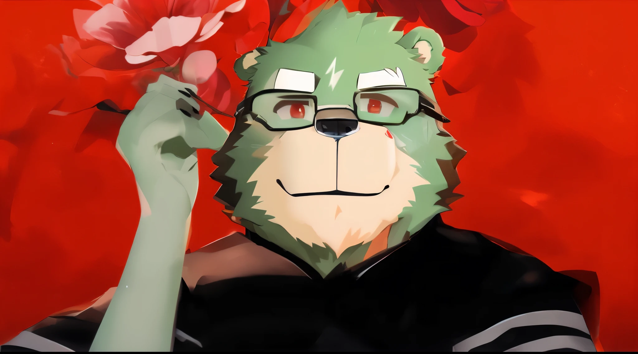 (jinpei), anthro ((bear)), furry, bear, green fur, green hair, beard, male, white eyebrows, red eyes, masterpiece, ((Best quality)), character focus solo, handsome, middle-aged, mature, muscle body, sexy, dilf, full body,there is a green bear with glasses and a flower in his hand, pov furry art, furry character portrait, furry furaffinity, professional furry drawing, furry anime, fursona art, furry fursona, furry mawshot art, handsome weasel fursona portrait, fursona furry art commission, furry fandom, anthro portrait, furry art!!!