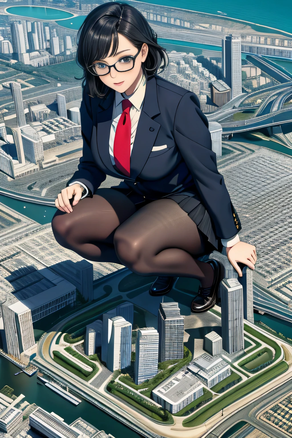 giantess art, a hyperrealistic schoolgirl, 非常に詳細なder rieseショット, der riese, Shorthair, Black pantyhose, a huge high school girl、&#39;It&#39;s much bigger than a skyscraper, Wearing rimless glasses, Colossal tits, Navy blue blazer, Red tie, Mini Length Skirt, Black pantyhose, I'm not wearing shoes., very small metropolis, miniature metropolis, 足元までの高さしかないminiature metropolisで、squatting and urinating, The city is a sea of urine, tsunami of urine, Small trains and cars are washed away with urine., Full body depiction, nffsw, Giga Giants, Black pantyhose, Pantyhose legs, Pantyhose feet, ,Stomping City,crash city,Small town,micro city, Peeing,