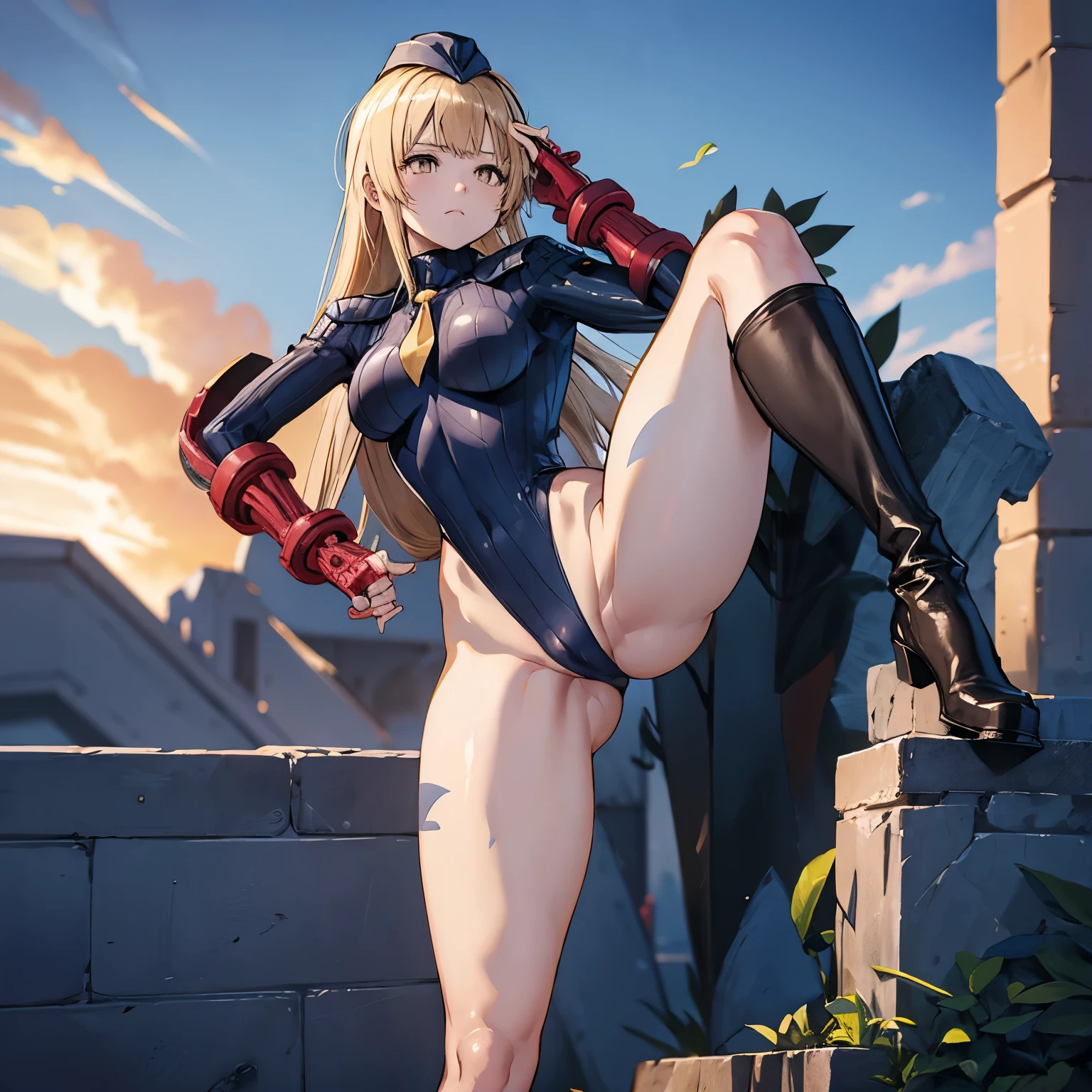 ultra-detailed, Explicit, Beautiful body, Beautiful Nose, Beautiful character design, perfect eyes, perfect face, ultra highres, 4K, beautiful legs, perfect legs, perfect anatomy, Nice hands, Perfect hand, Masterpiece, Best Quality, Highly detailed, illustration, absurdres, street fighter, doll suit, shadaloo doll, dollsuit, girls, multiple girls, expressionless, blank eyes, looking at viewer, red gloves, emotionless, black latex, corrution, mind control, female combatant, full body, hypnotized, unhappy trance, full body suit, ribbed bodysuit, both arms at side, obey, perfect female body, extremely glossy latex, hypnosis, hypnoLora, empty eyes, Mind control device, poses, submissive_pose, Slave, hat, necktie, stand up straight, standing, standing at attention, hat, necktie, belt, latex, ribbed bodysuit, thigh-highs, garter belt, Fighting Stance, military, thigh boots, blonde hair, yellow eyes, long hair, Mahiru Shiina, The Angel Next Door Spoils Me Rotten