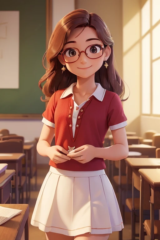 (A small chest:1.3),(Masterpiece, Best quality:1.4), (Beautiful, Aesthetic, Perfect, Delicate, Intricate:1.2),((Best quality)), ((Masterpiece)), (Detailed),(A high resolution:1.2), Classroom, An female, Smiling Claudia Chever, Red shirt, White skirt, Glasses, Bend over, angle of view,