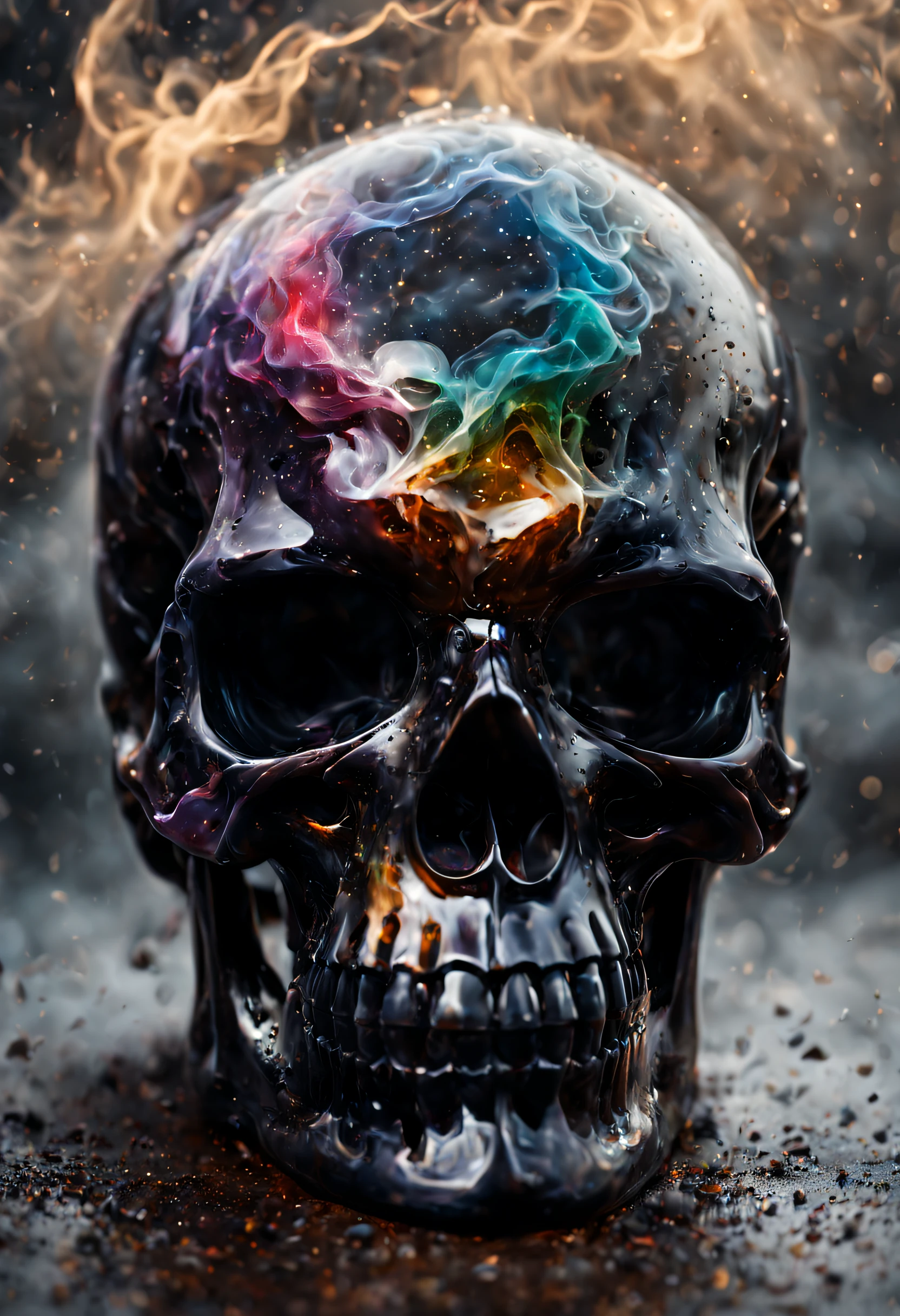 A beautiful realistic magestic darkness glass skull with a coat made of a magnificent storm, It's textured and beautiful with lot of multicolored flying dust