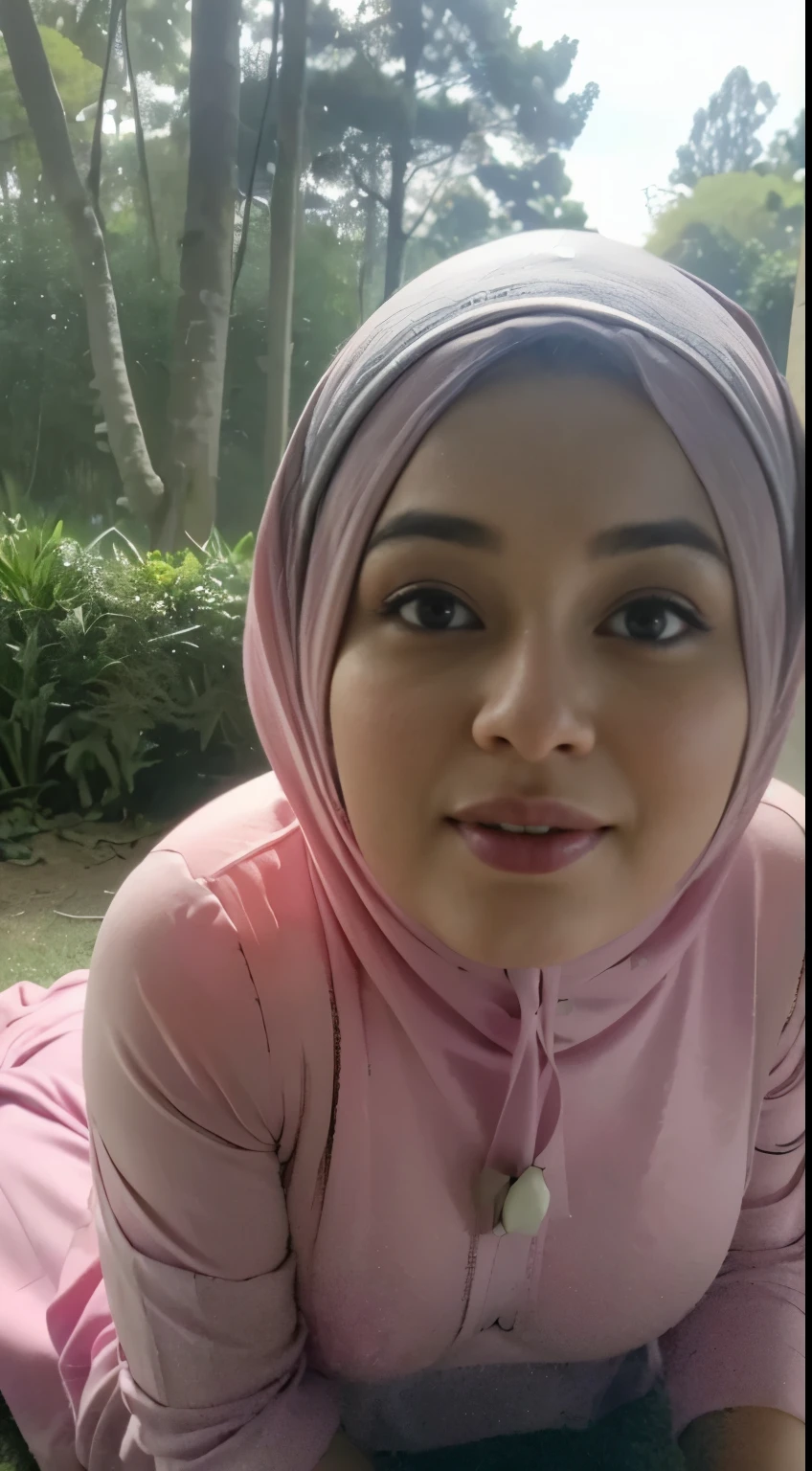 (64k, RAW photo, masterpiecel1.4, realistic, photo-realistic, best quality, 32k resolution, ((lighting)), 1 beautiful  chubby malay girl, ((laying on a grass)), ((face looking camera)), (forest background)), photo of a women malay girl light pink tudung modern hijab, details skin texture, white skin, ((big-breasted), ((big tits)), ((chubby body)), ((shy face)), ((wearing thigt baju kurung pastel flower)),