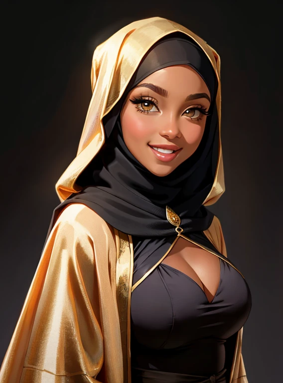 Eine Aufnahme einer Frau's upper body, Christina Milian, der ein enges, wearing a sexy black dress and a black hijab with gold embellishments, perfekt , perfect large breasts, Seductive Smiling, Hijab, Woman in black robes, in schwarzem Seidengewand, in schwarzem Seidengewand, beautiful, portrait shot, in schwarzem Gewand, in dunklen Roben mit goldenen Akzenten, beautiful burqa's woman, beautiful arab woman, She wears a golden robe, Arabian beauty, mid shot portrait, flowing robe