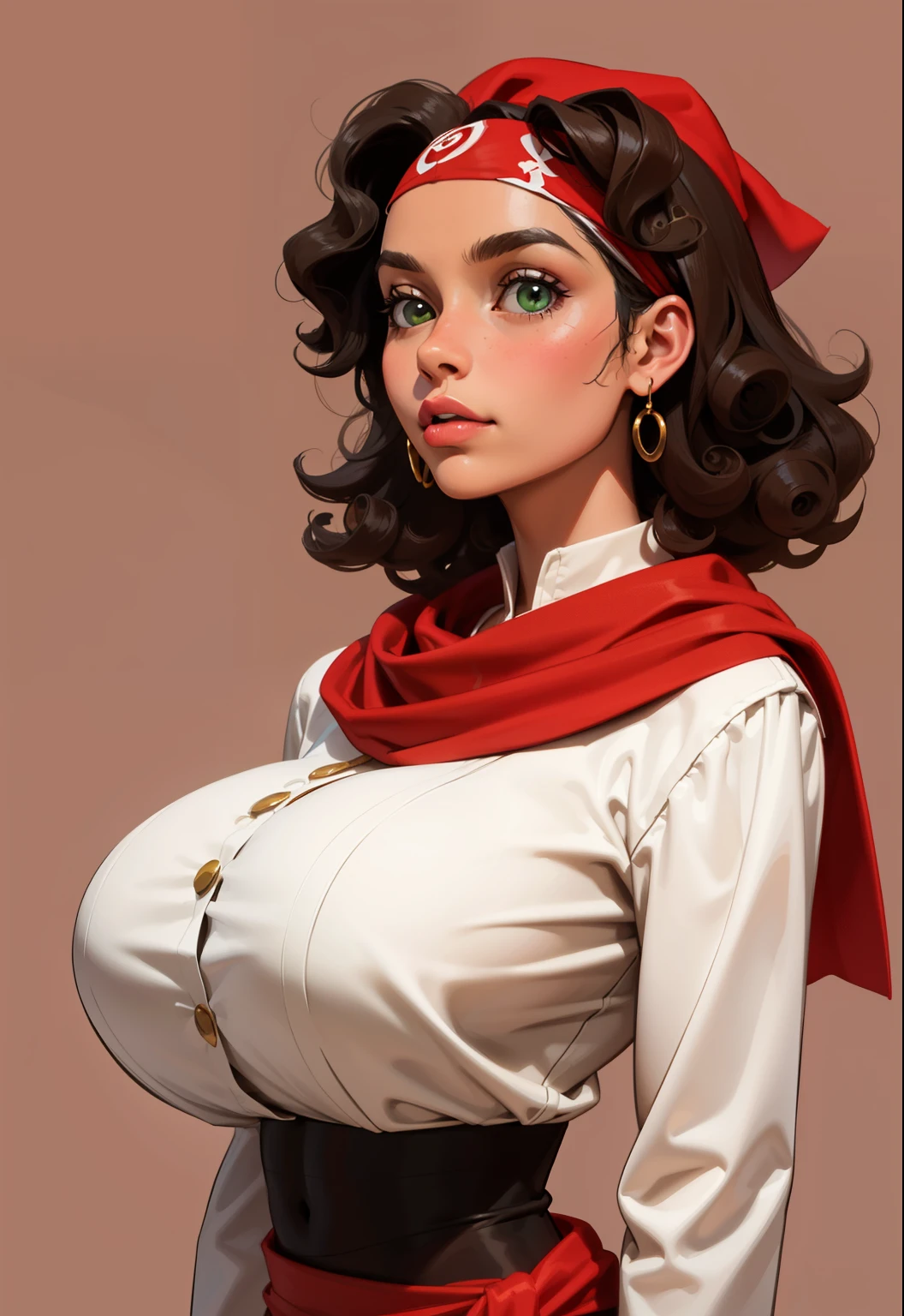 uma menina pirates wearring realistic pirates cloths,30 years old, latina face looking up, ((curly hair)) , ((gigantic breasts)), (gypsy), brown skin, mature, short hair, Stand up, maquiagem, Lips are soft or colored,  light, uncontrasted,  flat wallpaper background, silhuetas simples, lineart, minimalist, green eyes, ((red bandana on forehead))