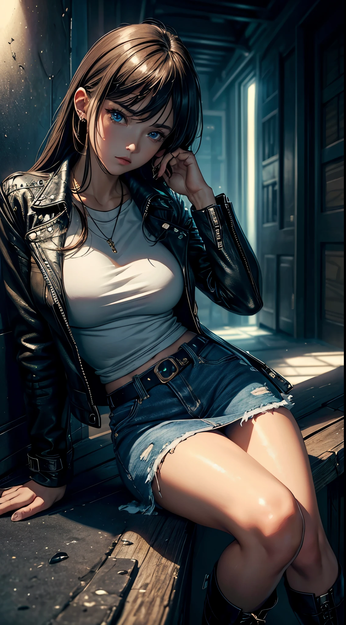 (masterpiece:1.1), (best quality), (ultra detailed:1.3), fine illustration, solo, woman, perfect eyes, cinematic angle, (harmonious composition), leather jacket on white shirt and denim skirt, low cut boots, jewelry accessories, I get irritated and wait for someone, road, cinematic lighting