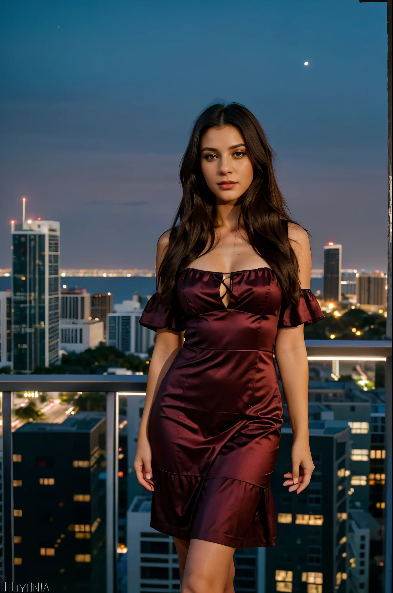 generated a full body of a 21 years old young woman with dark brown hair, medium size chest, innocent expression, With a shy smile, Set against the glittering lights of New York City at night, a model flaunts a pair of wide-leg black pants paired with a chic satin blouse in a deep burgundy hue. The blouse has a wrap design with a plunging neckline and billowing sleeves, adding a touch of drama to the sophisticated look. The flowing silhouette of the pants and blouse enhances the glamour of the nighttime skyline