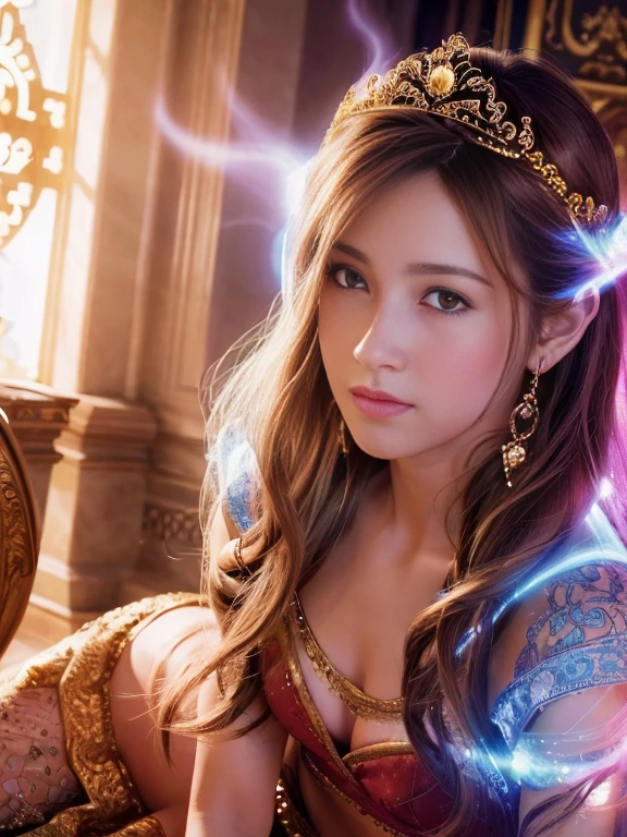 (highres, ultra-detailed, realistic:1.37), aerith, final fantasy, beautiful body, beautiful detailed eyes, detail-oriented nose, luscious lips, long flowing hair, radiant smile, elegant crown, royal attire, intricate jewelry, graceful pose, enchanting expression, majestic castle in the background, vibrant colors, soft lighting, regal atmosphere, atmospheric perspective, stunning landscape, floating clouds, magical aura, timeless beauty, intricate patterns, ethereal ambiance, striking contrast, dreamlike quality, cinematic composition