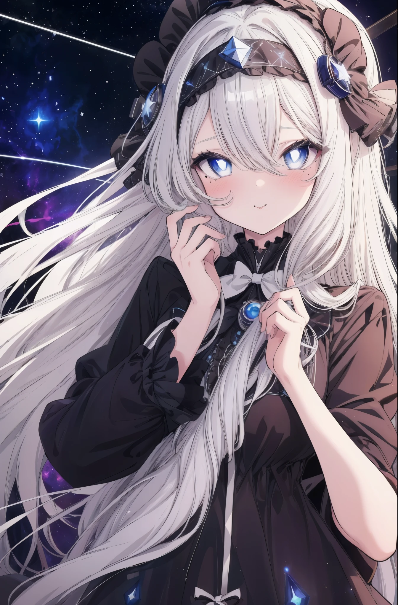 1girl, gentle smile, Long silver-white hair with a hint of blue, Starry eyes, hair strand, goggles, ta hairband, mole under eye, star-shaped pupils, amber eyes, blush, high detail, anime, Romanticism, modern, Gothic art, anime style, cinematic lighting, high details, best quality, nebula background