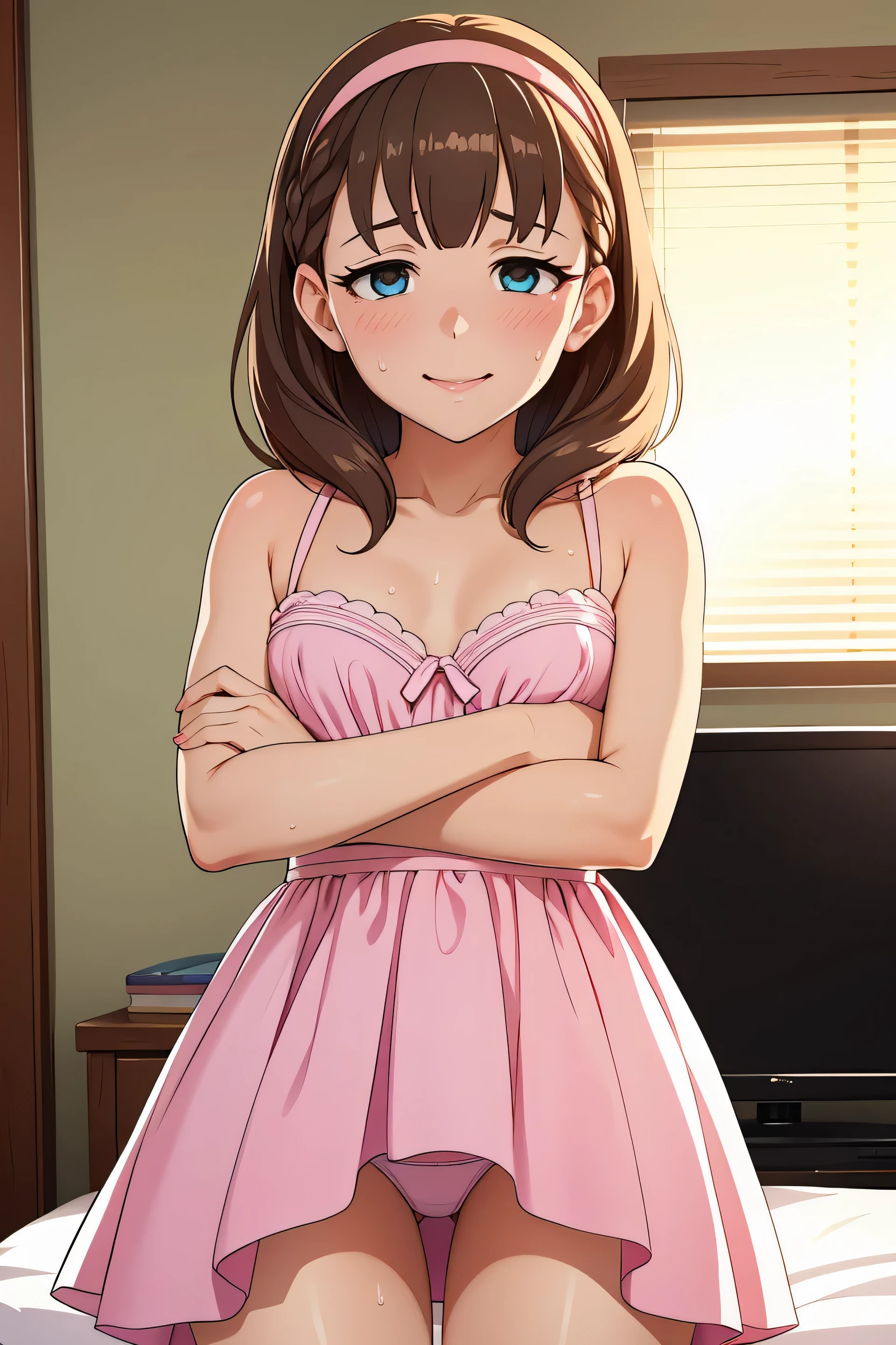 1girl in, ((masutepiece)),((Best Quality)),Ultra-detailed,illustratio,????????,Beautiful body,Beautiful nose,Beautiful character design,Perfect eyes,Perfect face,Wallpaper,超A high resolution, 4K,Photography,(Beautiful small ??????),(Beautiful face:1.2),Beautiful legs,  Mayu Sakuma, Shiny skin,anime screen cap,official style, Solo, arrogant smile, Sunnyday,Daytime, Looking at Viewer, POV, Detailed eyes, Complex hairstyle、drooing eyes、queen dress, wide eyed, Crazy smile, Empty eyes, POV cowgirl, Sweat, flying sweatdrops, arms crossed, I'm looking at you, pov, 30 years old, in a living room, top less, ?????, opened dress, ??????????, pink panties, pink dress, pink hairband