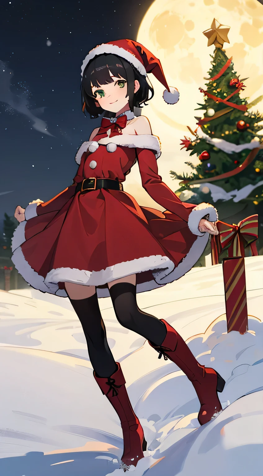 Full HD image, full-shot, 4k, Details, eyes Details, hiquality, Best Quality, Ultra-detailed, 1girl, the perfect body, ((Masterpiece)), Smile, Green eyes, ((black hair)), (((Short hair))), Wavy Hair, forehead, ((Red erotic Christmas costume)), little chest, Christmas has, bare shoulders, belt, ((red bow)), (long skirt), ((Stockings)), (red army boots), snowing, En plein air, night time, dark sky, field, luna