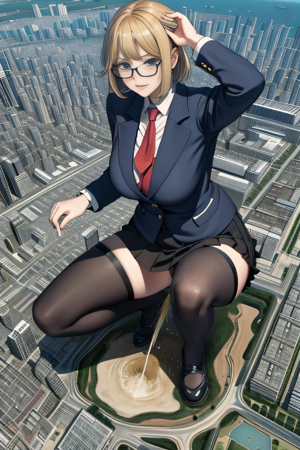 giantess art, a hyperrealistic schoolgirl, 非常に詳細なder rieseショット, der riese, Shorthair, Black pantyhose, a huge high school girl、&#39;It&#39;s much bigger than a skyscraper, Wearing rimless glasses, Colossal tits, Navy blue blazer, Red tie, Mini Length Skirt, Black pantyhose, I'm not wearing shoes., very small metropolis, miniature metropolis, 足元までの高さしかないminiature metropolisで、squatting and urinating, The city is a sea of urine, tsunami of urine, Small trains and cars are washed away with urine., Full body depiction, nffsw, Giga Giants, Black pantyhose, Pantyhose legs, Pantyhose feet, ,Stomping City,crash city,Small town,micro city, Peeing,