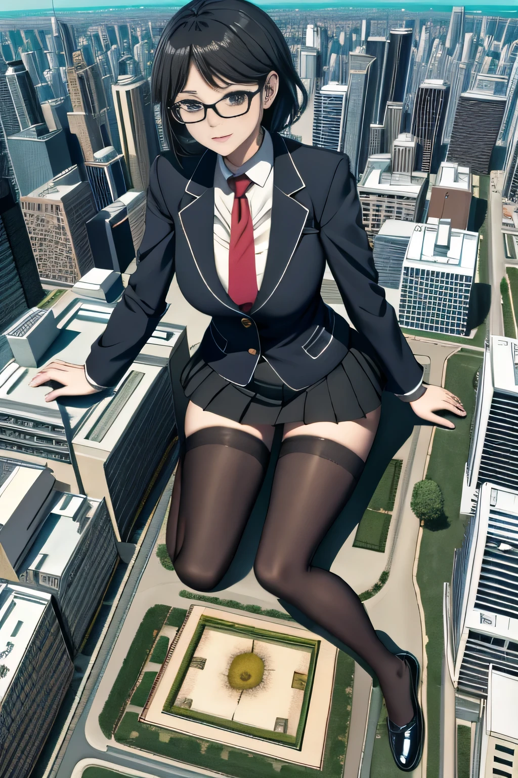 giantess art, a hyperrealistic schoolgirl, 非常に詳細なder rieseショット, der riese, Shorthair, Black pantyhose, a huge high school girl、&#39;It&#39;s much bigger than a skyscraper, Wearing rimless glasses, Colossal tits, Navy blue blazer, Red tie, Mini Length Skirt, Black pantyhose, I'm not wearing shoes., very small metropolis, miniature metropolis, 足元までの高さしかないminiature metropolisで、squatting and urinating, The city is a sea of urine, tsunami of urine, Small trains and cars are washed away with urine., Full body depiction, nffsw, Giga Giants, Black pantyhose, Pantyhose legs, Pantyhose feet, ,Stomping City,crash city,Small town,micro city, Peeing,