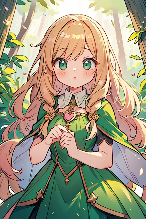 best quality, masterpiece, a girl, golden hair, green dress, dark green cape, pink heart pendant, adorable, cute, in a forest