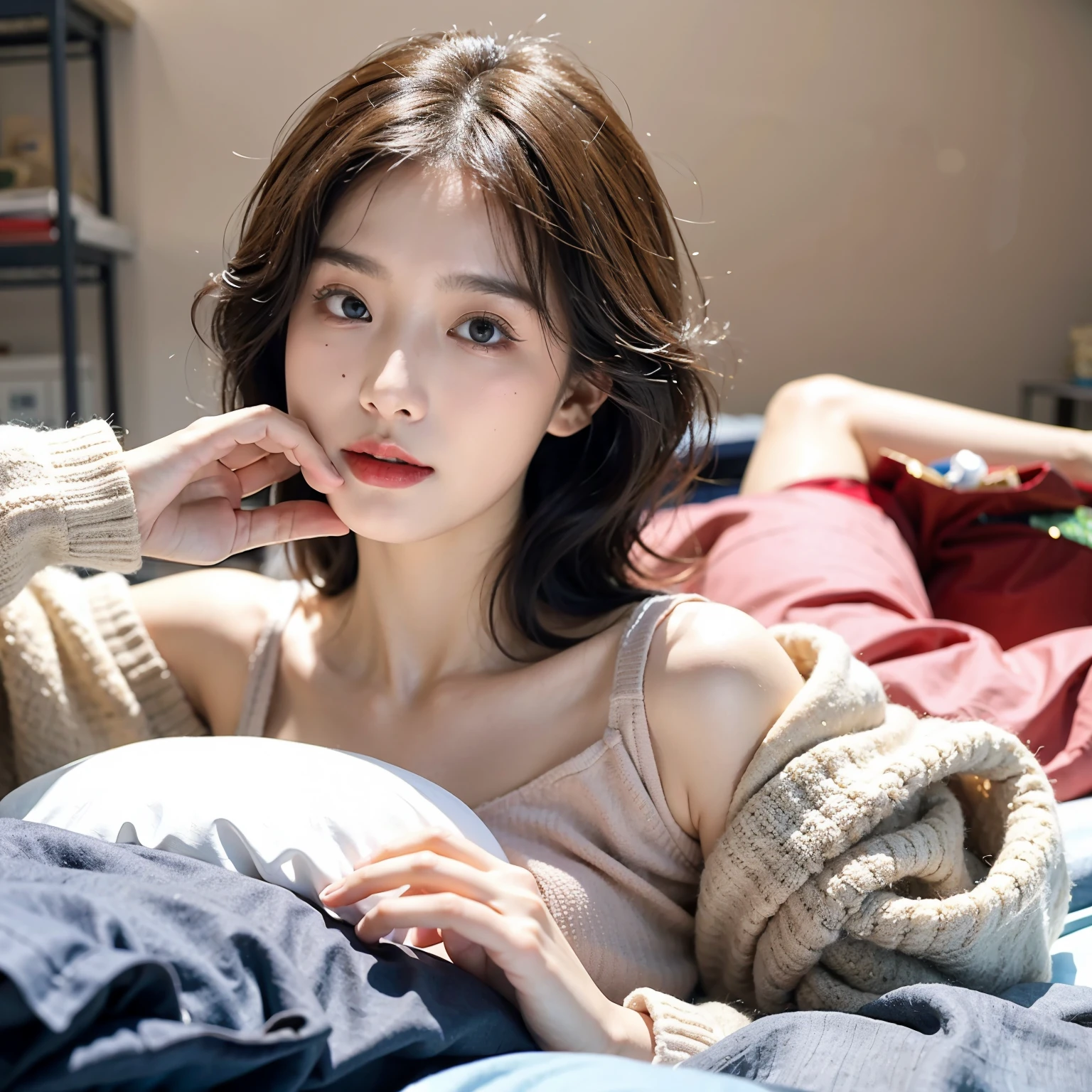 tmasterpiece, Best quality at best, ultra - detailed, photore, Extremely Delicately Beautiful, A high resolution, 1个Giant Breast Girl, 25 age old, beautiful chinese girl, little breast, lush lips, curlies, short detailed hair, There is a small mole under the eye, 詳細な目, detailedfacialfeatures, detailed arms, detailed finger, Detailed legs, Bedrooms, Sleep in bed, off-shoulder sweater, Perfect dynamic composition, beautiful delicate eyes, sandbeach, face, There is a feeling of ecstasy on the face, ((Facing the peak of sexual arousal)), ((Feeling on face )), (blueglow), filmgrain, SLR camera, 35mm lens focal length., Private parts exposed, Surrealism