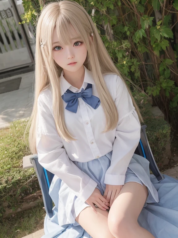 bright expression、photorealisim、top-quality、超A high resolution、a picture、Photos of the most beautiful Nordic girls、Detailed cute and beautiful face、(pureerosface_v1:0.008)、Beautiful bangs、alice in the wonderland、18year old、Glowing white shiny skin、Hair clings to the face、Bangs that extend to the face、bangss、Hair between the eyes、Super long hair、Attractive bright natural blonde super long straight silky hair、finer hair、Attractive glowing beautiful bright clear light blue big eyes、School Uniforms、student clothes、eye liner、Double eyelids、ample breasts
