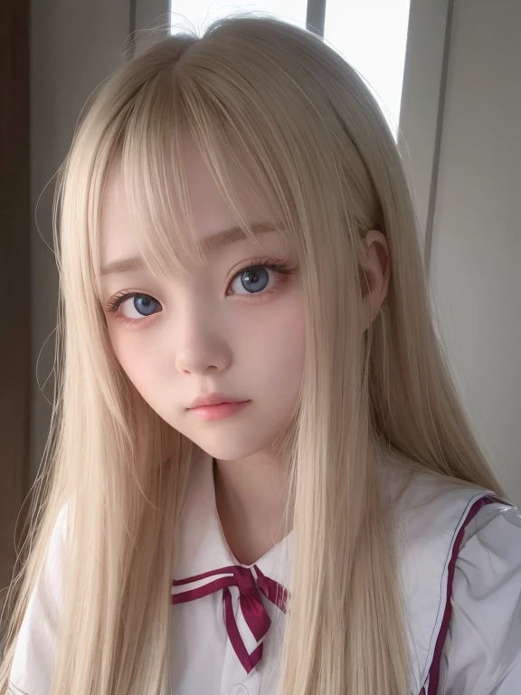 bright expression、photorealisim、top-quality、超A high resolution、a picture、Photos of the most beautiful Nordic girls、Detailed cute and beautiful face、(pureerosface_v1:0.008)、Beautiful bangs、alice in the wonderland、18year old、Glowing white shiny skin、Hair clings to the face、Bangs that extend to the face、bangss、Hair between the eyes、Super long hair、Attractive bright natural blonde super long straight silky hair、finer hair、Attractive glowing beautiful bright clear light blue big eyes、School Uniforms、student clothes、eye liner、Double eyelids、ample breasts