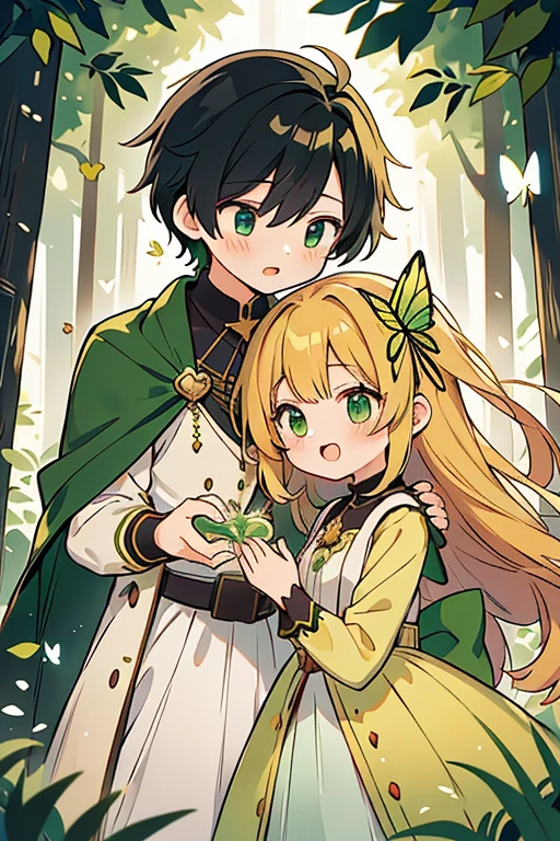 masterpiece, best-quality, Cute anime boy and girl, girl golden hair, green dress, dark green cape, boy has black hair, loving, adorable, loves each other, forest background, heart pendant, golden bow, butterflies flying all over, natural, soft lighting, deep love, affection