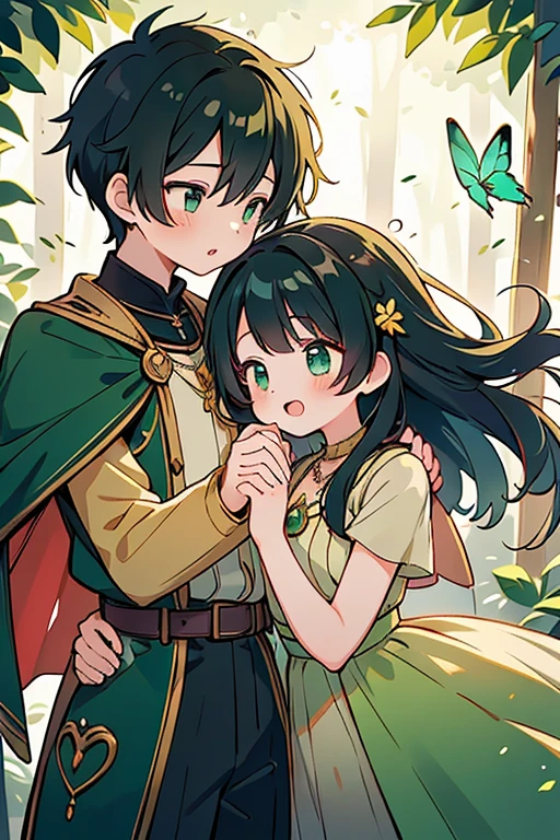 masterpiece, best-quality, Cute anime boy and girl, girl golden hair, green dress, dark green cape, boy has black hair, loving, adorable, loves each other, forest background, heart pendant, golden bow, butterflies flying all over, natural, soft lighting, deep love, affection