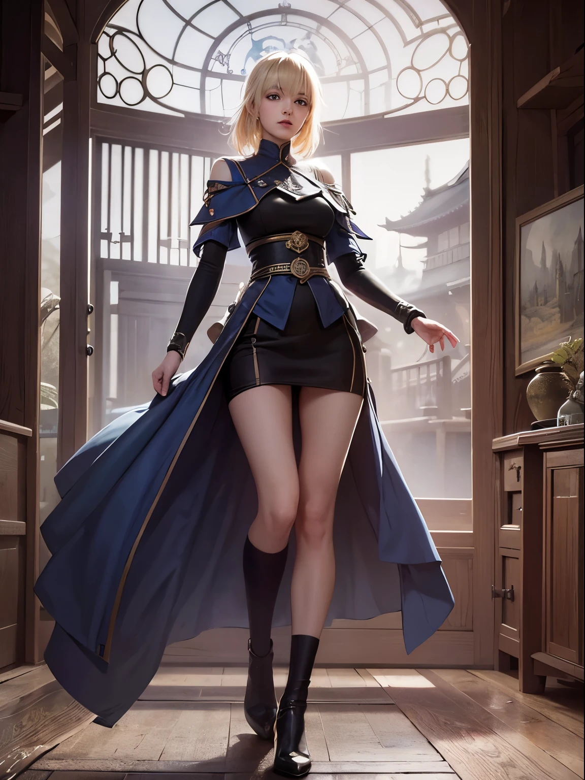 Virpi Talvitie, Heath Robinson, Surreal, mysterious, strange, fantastical, fantasy, Sci-fi, Japanese anime, Terra Incognita, Alice, a blonde miniskirt beautiful girl who pursues the structure of the celestial sphere and researches it, detailed masterpiece