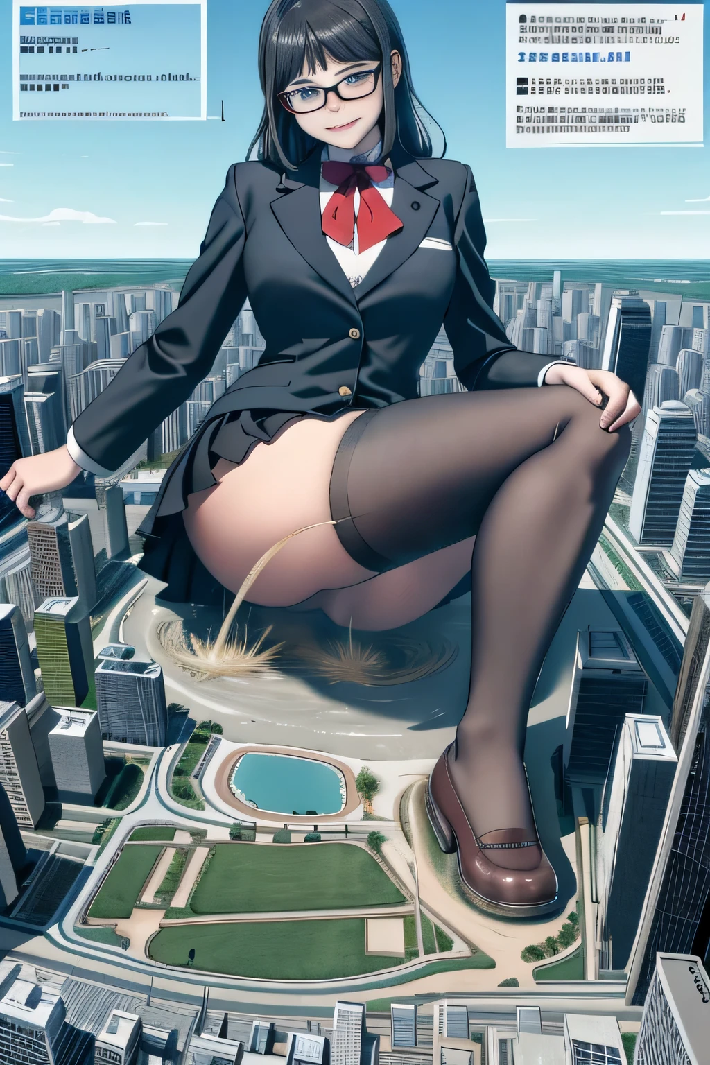 giantess art, a hyperrealistic schoolgirl, 非常に詳細なder rieseショット, der riese, Shorthair, Black pantyhose, a huge high school girl、'It's much bigger than a skyscraper, Wearing rimless glasses, Colossal tits, Navy blue blazer, Red tie, Mini Length Skirt, Black pantyhose, I'm not wearing shoes., very small metropolis, miniature metropolis, 足元までの高さしかないminiature metropolisで、squatting and urinating, The city is a sea of urine, tsunami of urine, Small trains and cars are washed away with urine., Full body depiction, nffsw, Giga Giants, Black pantyhose, Pantyhose legs, Pantyhose feet, ,Stomping City,crash city,Small town,micro city, Peeing,