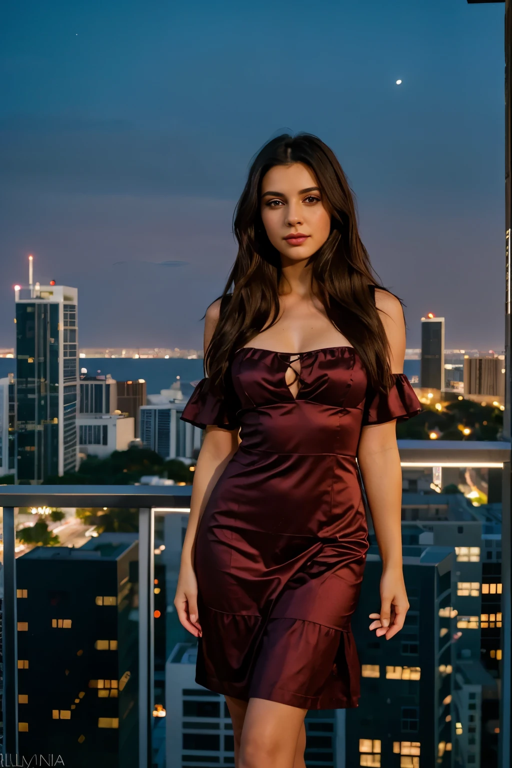 "(8k, RAW photo, highest quality, masterpiece: 1.2), 24 years old with dark hair and dark eyes, ultra-fine depiction, clearly visible, in her stylish penthouse suite in downtown Miami, overlooking the city skyline and the ocean, dressed in beautiful long burgundy color dress. with an energetic and vibrant demeanor, sharing her lively night routine with a touch of Miami flair and femininity. Best Quality, high resolution) girl with dark hair and dark eyes. film Kodak iso 400, hyperrealism, detailed city skyline, detailed skin texture. during the night, night shot. delicate hands, normal nails, white painted nails