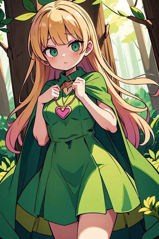 best quality, masterpiece, a girl, golden hair, green dress, dark green cape, pink heart pendant, adorable, cute, in a forest